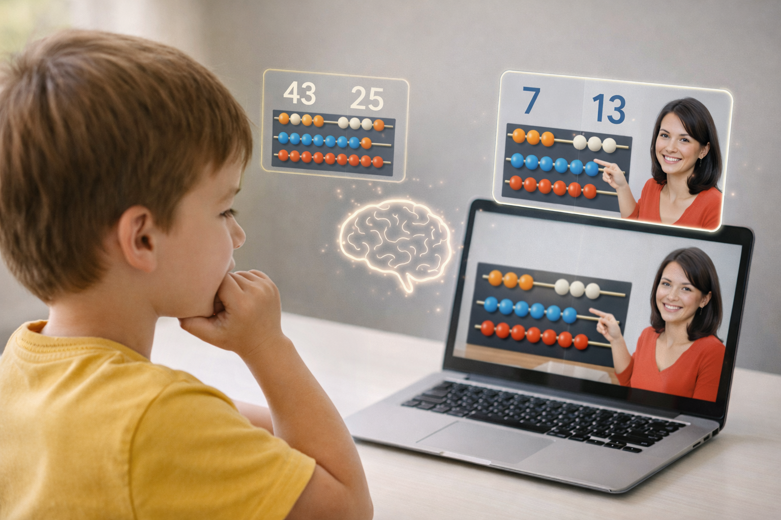 Modern virtual classroom showing student learning abacus online using mental math techniques